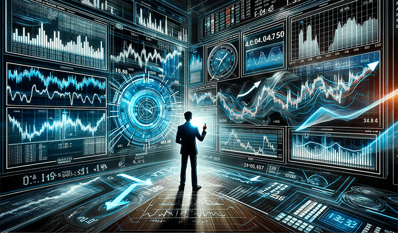 A focused trader with digital screens of trading rules and market data, underlining knowledge importance.