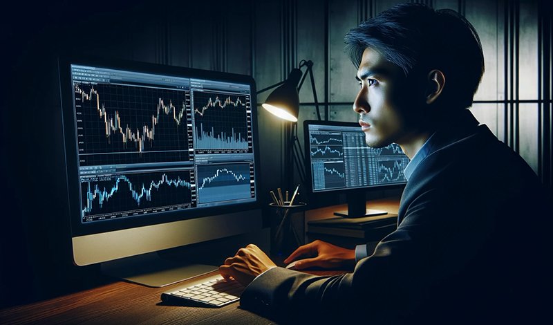 This image captures the essence of a professional trading environment, showcasing a trader analyzing MT4 charts on multiple monitors.