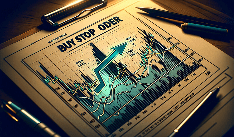 A visual explanation of a Buy Stop order, where a security is bought once its price rises to a designated level above the current market price.
